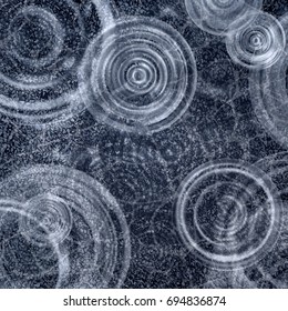Summer background. Radial waves from a rain on water. Texture of water surface. Texture of asphalt surface. Overhead view. Circles and rings on the puddle. Vector illustration nature background.