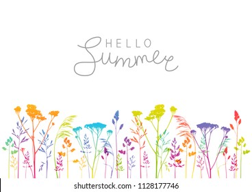 Summer background with rainbow herbal silhouettes