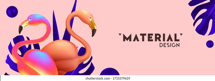 Summer background. Realistic 3d couple pink flamingo, group of birds, lush palm leaves. Summer design minimal poster, banner. header for website, brochure, flyer, space for text. Vector illustration