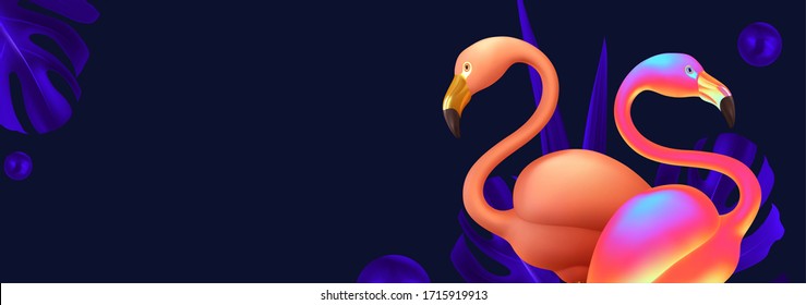 Summer background. Realistic 3d couple pink flamingo, group of birds, lush palm leaves. Summer design minimal poster, banner. header for website, brochure, flyer, space for text. Vector illustration