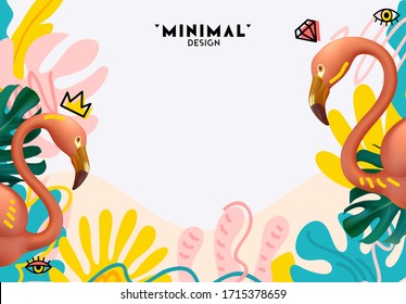 Summer background with realistic 3d pink flamingo, lush palm leaves in doodle flat style. Summer design minimal poster, banner. space for text. Vector illustration