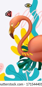 Summer background with realistic 3d pink flamingo, lush palm leaves in doodle flat style. Summer design minimal poster, banner. space for text. Vector illustration
