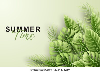 Summer background with realistic tropical leaves