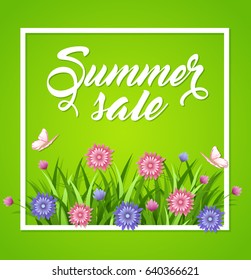 Summer background with red and blue flowers and green grass in frame. 