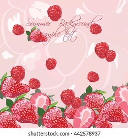 Summer Background with Red strawberry and raspberry fruits background. Watercolor fresh berry fruits Vector background 