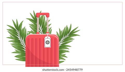 Fondo de verano con maleta roja y hojas de palma. Anuncio Horizontal colorido. Concepto de vacaciones. Ilustración vectorial