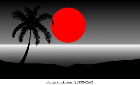 Summer background with red Sun and palm tree silhouettes