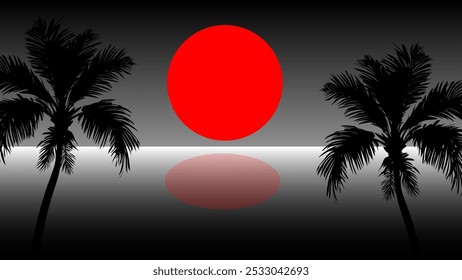 Summer background with red Sun and palm tree silhouettes