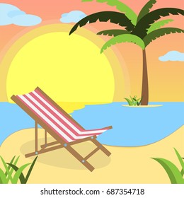Summer background with red white lounger, of beach at sunset with waves, clouds and palm tree on the horizont. seaside view poster. vector illustration. Flat design