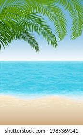 summer background. Relistic Beach, tropical sea and palm trees