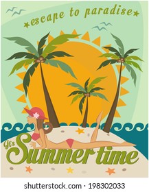 summer background in retro style with girl and palm trees