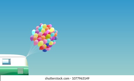 Summer background - Retro van with bunch of colorful balloons - 16:9 format