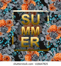 Summer background with rose flowers, design element. Can be used for cards, scrapbooking, print, posters, flyers, textile design, banners, manufacturing. Decorative flowers in watercolor style