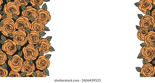 Summer background with roses flowers. Nature concept design. Modern floral composition. Vector illustration for poster, invitation, greeting card. Botanical style roses frame. Copy space.