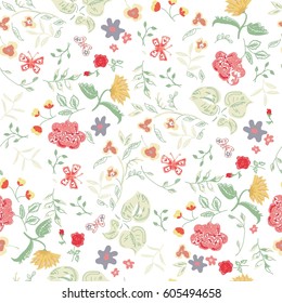 Summer background with roses, yellow dandelions and butterflies. Seamless pattern repeat. 