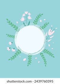 Summer background with round border and copy space. Flower abstract banner template with frame. Card with decoration. Vector flat illustration.