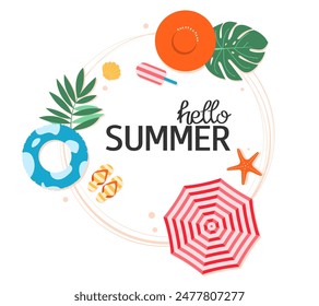 Summer background with round frame. Illustration with beach attributes, hat, pool ring, flip flop, ice cream, shells, palm leaves. Decorative elements for card, sale, invitation, banner, scrapbooking.