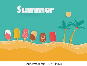 Summer background with row colorful popsicle ice cream sun and coconut tree on the beach, Template poster design of paper cut and craft style, vector illustration