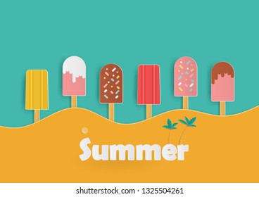 Summer background with row colorful popsicles ice cream on the beach, Template poster design of paper cut and craft style, vector illustration. 