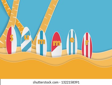 Summer background with row colorful surfboards on the beach and blue sky background, Paper cut and craft style, vector illustration. 