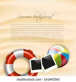 Summer background with safety circle, photoframe and beach ball