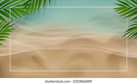 Summer Background Sale Banner Template.Top view on Blue Ocean Sea Beach Sand with Soft Waves.Beautiful background with coconut palm leaves and Shadow on Sea Sand.Vector illustration Seasonal discount