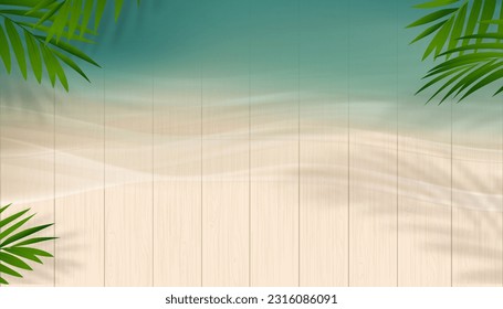 Summer Background Sale Banner Template.Top view Blue Ocean with Soft Waves on Wood Texture.Background with palm leaves and Shadow on Sea beach.Vector banner for Summer Vocation,Holiday Sale Promotion