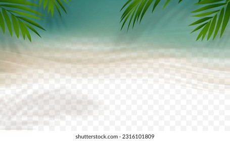 Summer Background Sale Banner Template.Top view Blue Ocean with Soft Waves with Palm Leaves and Shadow on Sea beach on Transparency Background.Vector banner for Summer Vocation,Holiday Sale Promotion