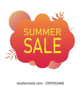 Summer background. Summer sale. Branch plant, palm. Web wallpaper. Social media. Abstract shapes. Circle, cloud, lines. Red and orange gradient. 