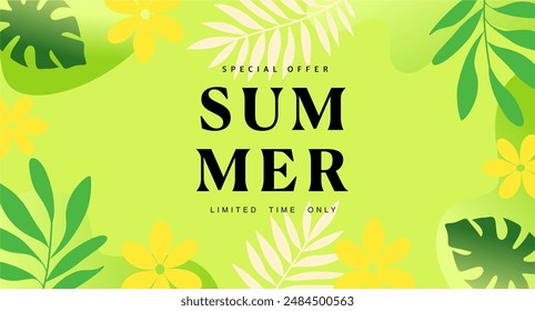 Summer background. Summer sale editable template banner with elements, tropical leaves and flowers forms on green background. For banner, greeting cards, poster, website background.