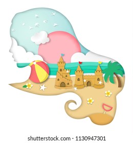 Summer background with sand castle and the beach view in lady face frame paper art style vector and illustration