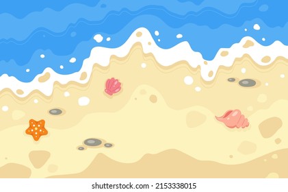 Summer background with sand and ocean. Summer seaside landscape. Cartoon illustration of a beach, sea waves, sand and shellfishes. 