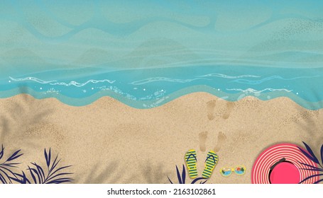 Summer background with sandal, footprint step on sand beach, hat palm leaf shadow, Blue ocean wave in Sunday, sunglass and on beach,Top view Vector illustration banner with vacation holiday concept