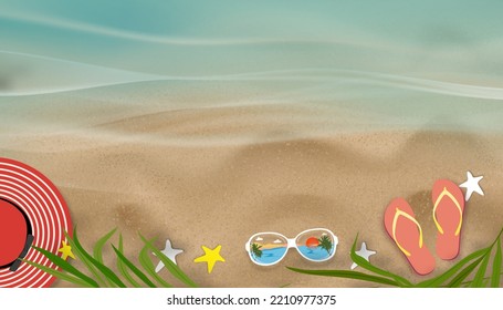 Summer background with sandal on sand beach, hat palm leaf shadow, Blue ocean wave in Sunday, sunglass and on beach,Top view Vector illustration banner with vacation holiday concept