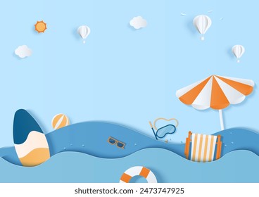 Summer background. Summer scene with sea waves, beach umbrella, chair, surfboard, and summer elements. Paper cut style.