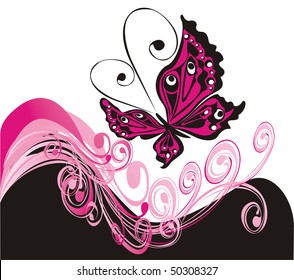 summer background with scroll and butterfly, vector illustration