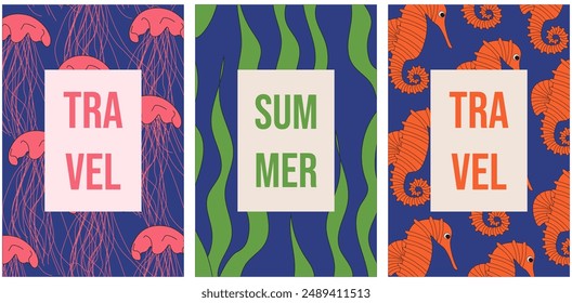 Summer background with sea animal. Ocean and beach theme. Nature Summer posters cover set. Flat vector aesthetic can used web and social media themes. EPS 10