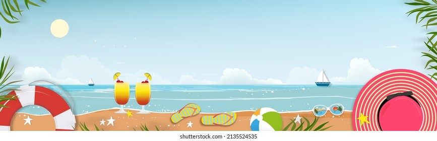 Summer background with Sea beach, blue sky and cloud on sunny day,Vector Horizontal vacation holiday theme with Seascape of ocean view and coconut palm tree on border