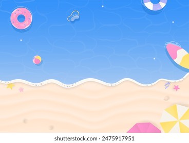 Summer background. Sea and beach landscape with inflatable rings, beach umbrellas, and summer elements.