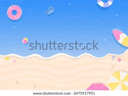 Summer background. Sea and beach landscape with inflatable rings, beach umbrellas, and summer elements.