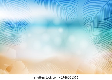 Summer background. Sea beach with tropical leaves.