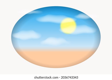 Summer background with sea beach. White clouds, blue sky and sun in the paper cut out style