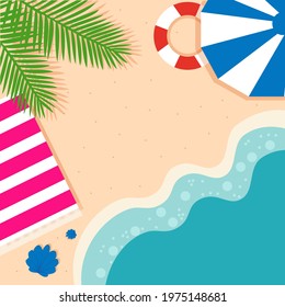 Summer background. Sea coast, beach, waves, sea, palm leaves. Lifebuoy, sheet. Summer holidays. Vector graphics