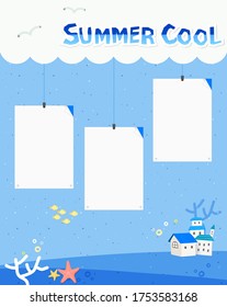 Summer background with sea, fish, dolphin and Summer holidays elements / Handwritten Korean alphabet / About summer vacation / Calligraphy vector
