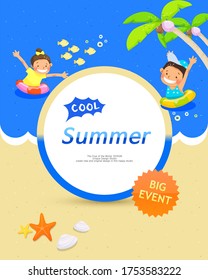 Summer background with sea, fish, dolphin and Summer holidays elements / Handwritten Korean alphabet / About summer vacation / Calligraphy vector
