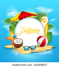 Summer Background with Sea, Island, Beach, Umbrella, Coconut Cocktail