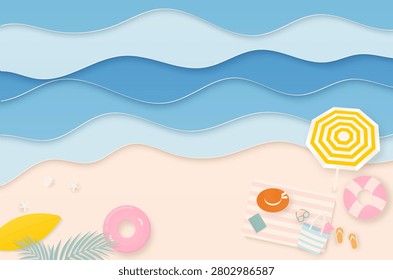 Summer background. Sea landscape with blue sea waves and pastel summer elements on a beach. Paper art design.