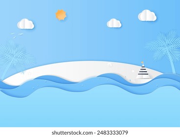 Summer background. Sea landscape with an island, sea waves, coconut trees, and clouds on a blue background. Paper cut and craft style.