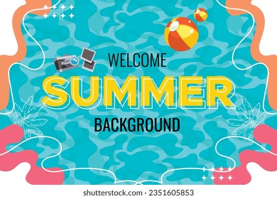 Summer background with sea nuances and beach accessories such as balls, glasses, skateboards etc. This design is suitable for use on social media platforms banners, ads, etc
