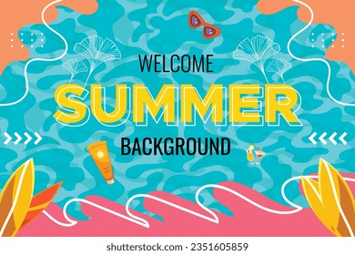 Summer background with sea nuances and beach accessories such as balls, glasses, skateboards etc. This design is suitable for use on social media platforms banners, ads, etc